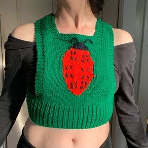 vintage 70s / 80s handknit ladybug square-neck cropped vest